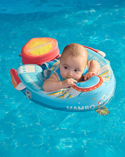 Mambobaby Chest Float Swimming Tube-Air Free Foam Design with 5 Point Safety Harness & 3 Swim Modes, UPF 50+ Detachable 3D Canopy-Upto 18 kg Baby Weight-Rocketship-Blue