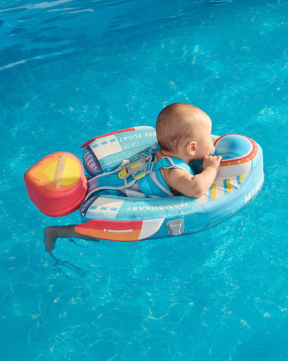 Mambobaby Chest Float Swimming Tube-Air Free Foam Design with 5 Point Safety Harness & 3 Swim Modes, UPF 50+ Detachable 3D Canopy-Upto 18 kg Baby Weight-Rocketship-Blue