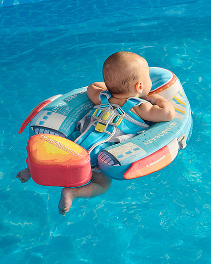Mambobaby Chest Float Swimming Tube-Air Free Foam Design with 5 Point Safety Harness & 3 Swim Modes, UPF 50+ Detachable 3D Canopy-Upto 18 kg Baby Weight-Rocketship-Blue