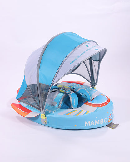 Mambobaby Chest Float Swimming Tube-Air Free Foam Design with 5 Point Safety Harness & 3 Swim Modes, UPF 50+ Detachable 3D Canopy-Upto 18 kg Baby Weight-Rocketship-Blue