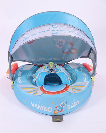 Mambobaby Chest Float Swimming Tube-Air Free Foam Design with 5 Point Safety Harness & 3 Swim Modes, UPF 50+ Detachable 3D Canopy-Upto 18 kg Baby Weight-Rocketship-Blue