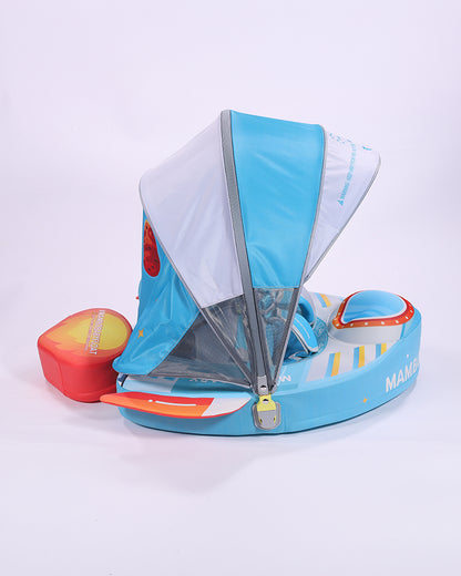 Mambobaby Chest Float Swimming Tube-Air Free Foam Design with 5 Point Safety Harness & 3 Swim Modes, UPF 50+ Detachable 3D Canopy-Upto 18 kg Baby Weight-Rocketship-Blue