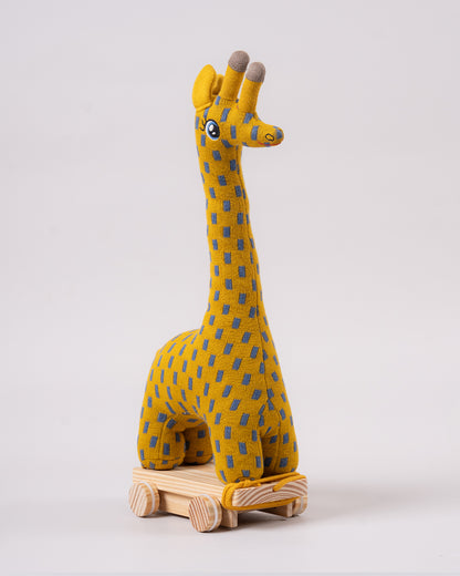 Pomme Giraffe With Wooden Cart-Knitted Push & Pull Toy-Soft & Cuddly-Easy to Wash-Improves Motor Skills-2M+