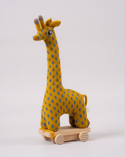 Pomme Giraffe With Wooden Cart-Knitted Push & Pull Toy-Soft & Cuddly-Easy to Wash-Improves Motor Skills-2M+