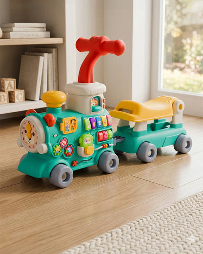 Toybie 5-in-1 Multi-Functional Baby Push Walker with Detachable Ride-On Wagon-Interactive Activity Centre for Early Learning-Teal-9M+