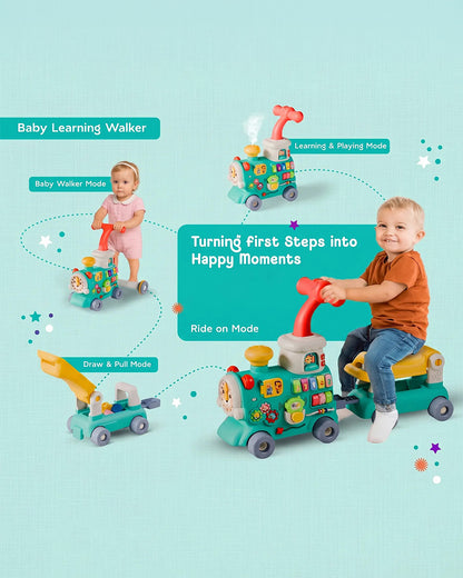 Toybie 5-in-1 Multi-Functional Baby Push Walker with Detachable Ride-On Wagon-Interactive Activity Centre for Early Learning-Teal-9M+