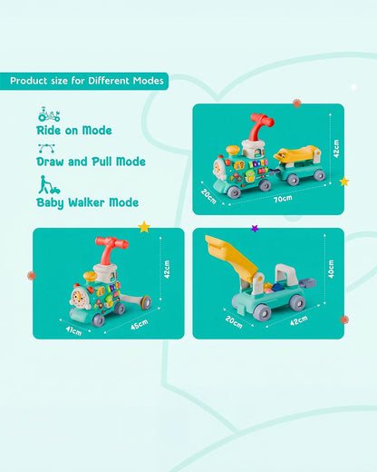 Toybie 5-in-1 Multi-Functional Baby Push Walker with Detachable Ride-On Wagon-Interactive Activity Centre for Early Learning-Teal-9M+