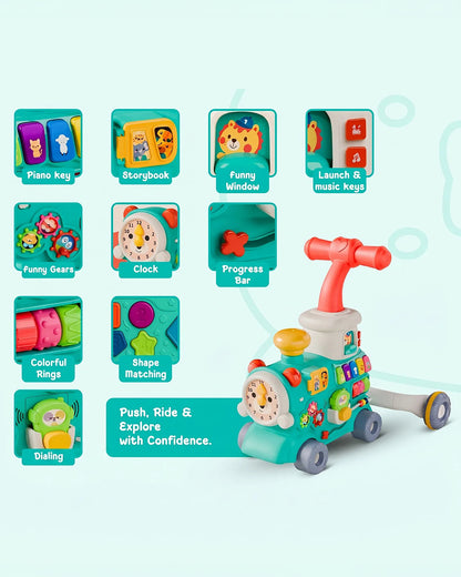 Toybie 5-in-1 Multi-Functional Baby Push Walker with Detachable Ride-On Wagon-Interactive Activity Centre for Early Learning-Teal-9M+