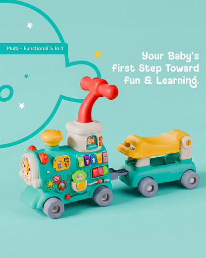 Toybie 5-in-1 Multi-Functional Baby Push Walker with Detachable Ride-On Wagon-Interactive Activity Centre for Early Learning-Teal-9M+
