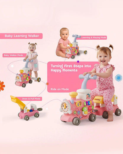 Toybie 5-in-1 Multi-Functional Baby Push Walker with Detachable Ride-On Wagon-Interactive Activity Centre for Early Learning-Pink-9M+