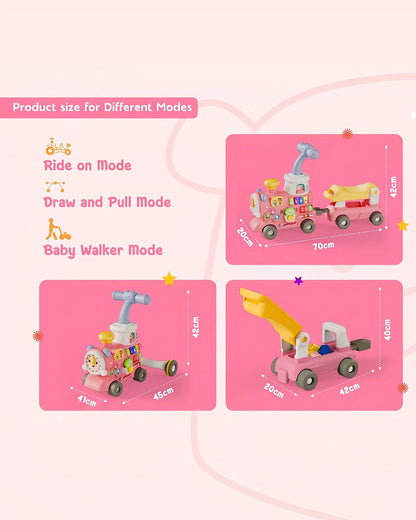 Toybie 5-in-1 Multi-Functional Baby Push Walker with Detachable Ride-On Wagon-Interactive Activity Centre for Early Learning-Pink-9M+
