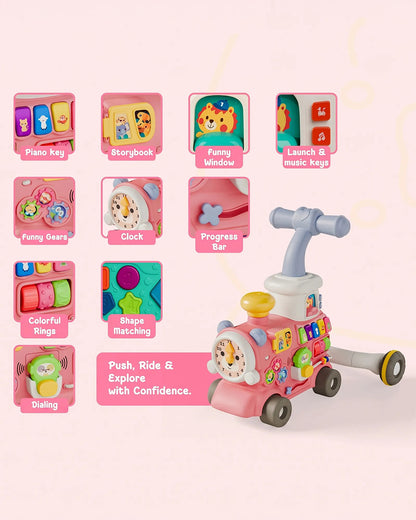 Toybie 5-in-1 Multi-Functional Baby Push Walker with Detachable Ride-On Wagon-Interactive Activity Centre for Early Learning-Pink-9M+