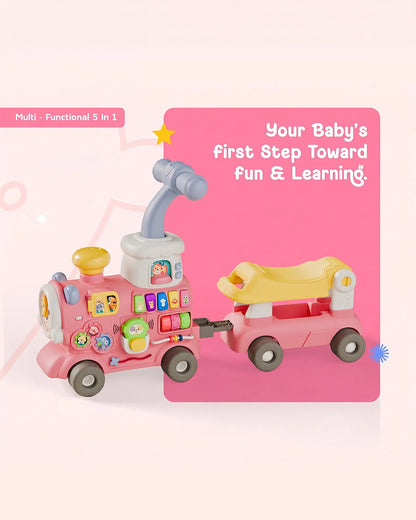 Toybie 5-in-1 Multi-Functional Baby Push Walker with Detachable Ride-On Wagon-Interactive Activity Centre for Early Learning-Pink-9M+