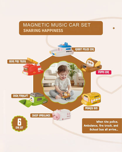 Toybie Magnetic Music Car Set-Smart Magnetic Interchangeable Design-Pack of 6-12M+