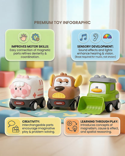 Toybie Magnetic Music Car Set-Smart Magnetic Interchangeable Design-Pack of 6-12M+