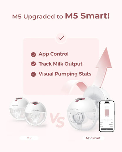 Momcozy M5 Smart Wearable Double Electric Breast Pump-Upgraded with App Control-Painless Pumping-Portable-3 Modes & 9 Suction Levels-Rechargeable-Grey