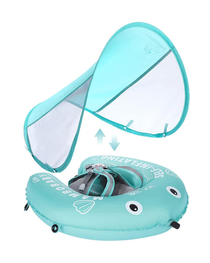 Mambobaby Chest Float Swimming Tube-Self Inflating Design with 5 Point Safety Harness & 3 Swim Modes, UPF 50+ Canopy Protection & Detachable Footrest-Upto 18 kg Baby Weight-Hot Air Balloon-Fish Green