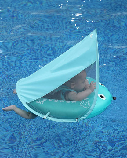 Mambobaby Chest Float Swimming Tube-Self Inflating Design with 5 Point Safety Harness & 3 Swim Modes, UPF 50+ Canopy Protection & Detachable Footrest-Upto 18 kg Baby Weight-Hot Air Balloon-Fish Green