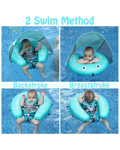 Mambobaby Chest Float Swimming Tube-Self Inflating Design with 5 Point Safety Harness & 3 Swim Modes, UPF 50+ Canopy Protection & Detachable Footrest-Upto 18 kg Baby Weight-Hot Air Balloon-Fish Green
