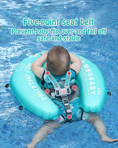 Mambobaby Chest Float Swimming Tube-Self Inflating Design with 5 Point Safety Harness & 3 Swim Modes, UPF 50+ Canopy Protection & Detachable Footrest-Upto 18 kg Baby Weight-Hot Air Balloon-Fish Green