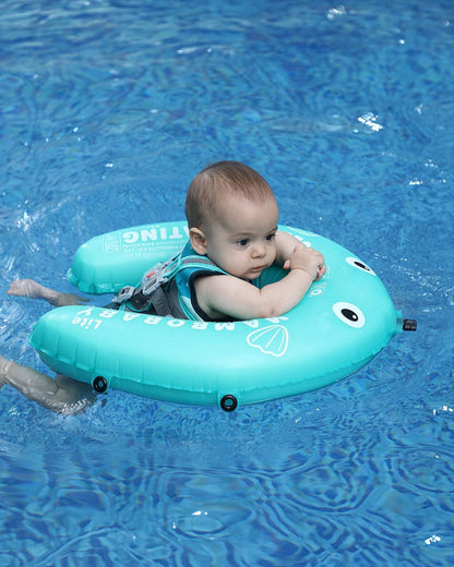 Mambobaby Chest Float Swimming Tube-Self Inflating Design with 5 Point Safety Harness & 3 Swim Modes, UPF 50+ Canopy Protection & Detachable Footrest-Upto 18 kg Baby Weight-Hot Air Balloon-Fish Green