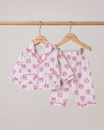 Twingle 100% Organic Cotton Nightsuit-Lightweight & Breathable-Soft Elasticated Waistband-White-Poppy Owl-For Infants