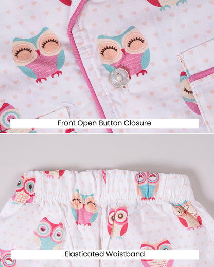 Twingle 100% Organic Cotton Nightsuit-Lightweight & Breathable-Soft Elasticated Waistband-White-Poppy Owl-For Infants