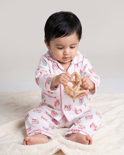 Twingle 100% Organic Cotton Nightsuit-Lightweight & Breathable-Soft Elasticated Waistband-White-Poppy Owl-For Infants
