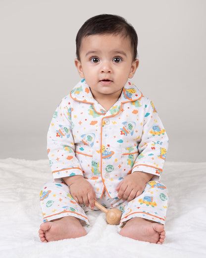 Twingle 100% Organic Cotton Nightsuit-Lightweight & Breathable-Soft Elasticated Waistband-White-In the Space-For Infants