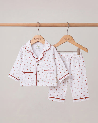 Twingle 100% Organic Muslin Nightsuit-Lightweight & Breathable-Soft Elasticated Waistband-White-Tiny Hearts-For Infants