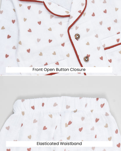 Twingle 100% Organic Muslin Nightsuit-Lightweight & Breathable-Soft Elasticated Waistband-White-Tiny Hearts-For Infants