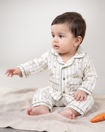 Twingle 100% Organic Muslin Nightsuit-Lightweight & Breathable-Soft Elasticated Waistband-White-Bunny Bite-For Infants