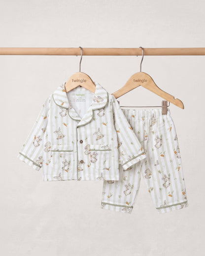 Twingle 100% Organic Muslin Nightsuit-Lightweight & Breathable-Soft Elasticated Waistband-White-Bunny Bite-For Infants