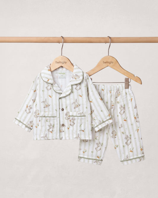 Twingle 100% Organic Muslin Nightsuit-Lightweight & Breathable-Soft Elasticated Waistband-White-Bunny Bite-For Infants