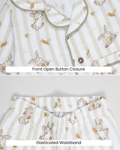 Twingle 100% Organic Muslin Nightsuit-Lightweight & Breathable-Soft Elasticated Waistband-White-Bunny Bite-For Infants
