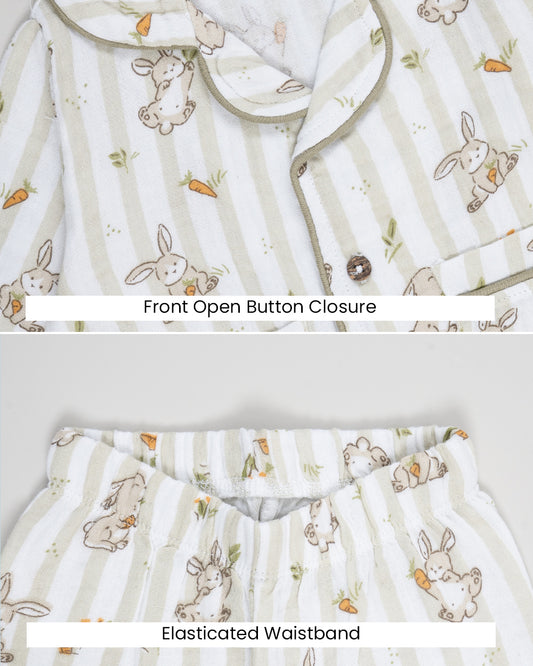 Twingle 100% Organic Muslin Nightsuit-Lightweight & Breathable-Soft Elasticated Waistband-White-Bunny Bite-For Infants
