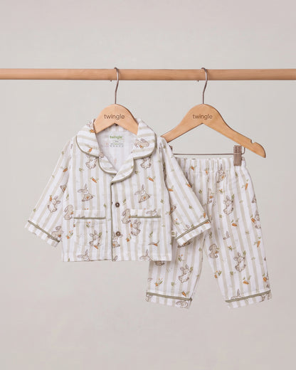 Twingle 100% Organic Muslin Nightsuit-Lightweight & Breathable-Soft Elasticated Waistband-White-Bunny Bite-For Infants