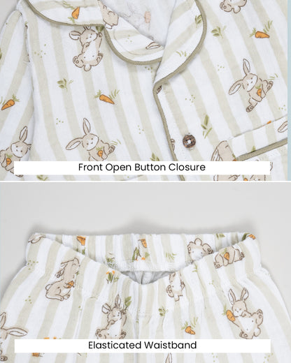 Twingle 100% Organic Muslin Nightsuit-Lightweight & Breathable-Soft Elasticated Waistband-White-Bunny Bite-For Infants