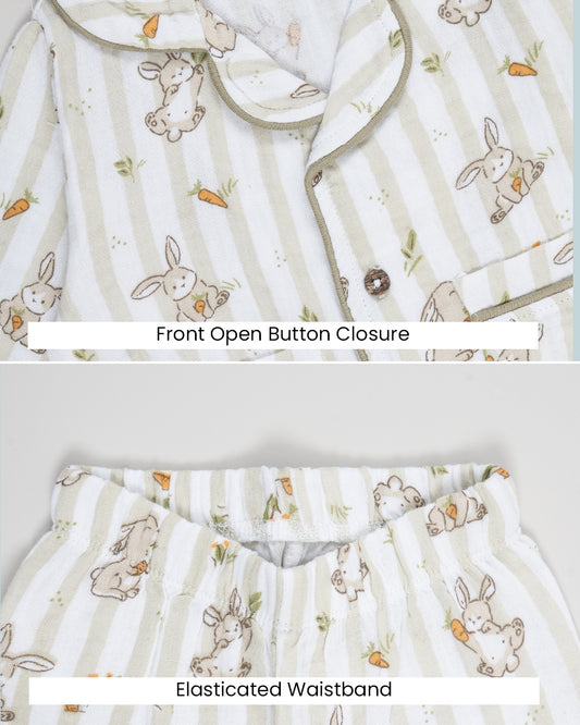 Twingle 100% Organic Muslin Nightsuit-Lightweight & Breathable-Soft Elasticated Waistband-White-Bunny Bite-For Infants