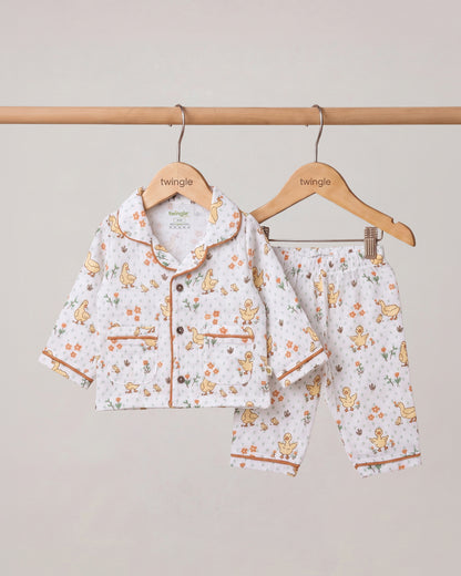 Twingle 100% Organic Muslin Nightsuit-Lightweight & Breathable-Soft Elasticated Waistband-White-Duck A Ling-For Infants