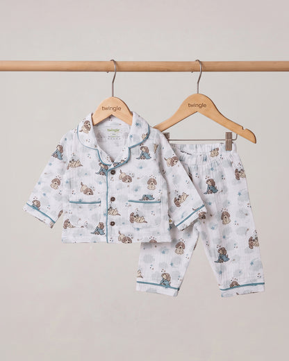 Twingle 100% Organic Muslin Nightsuit-Lightweight & Breathable-Soft Elasticated Waistband-White-Pawsome-For Infants