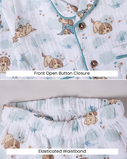 Twingle 100% Organic Muslin Nightsuit-Lightweight & Breathable-Soft Elasticated Waistband-White-Pawsome-For Infants