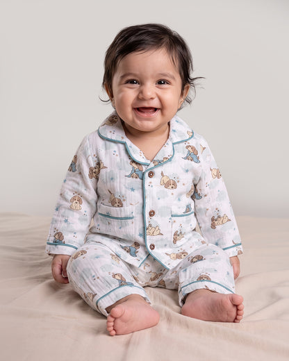 Twingle 100% Organic Muslin Nightsuit-Lightweight & Breathable-Soft Elasticated Waistband-White-Pawsome-For Infants