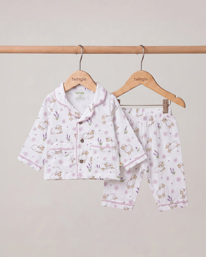 Twingle 100% Organic Muslin Nightsuit-Lightweight & Breathable-Soft Elasticated Waistband-White-Sweet Fluff-For Infants