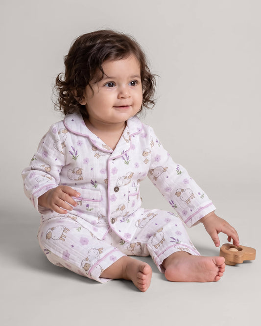 Twingle 100% Organic Muslin Nightsuit-Lightweight & Breathable-Soft Elasticated Waistband-White-Sweet Fluff-For Infants