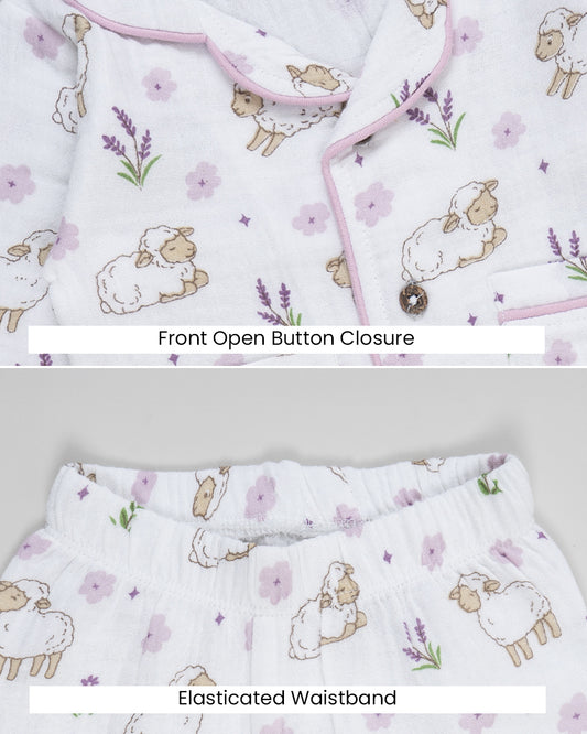 Twingle 100% Organic Muslin Nightsuit-Lightweight & Breathable-Soft Elasticated Waistband-White-Sweet Fluff-For Infants