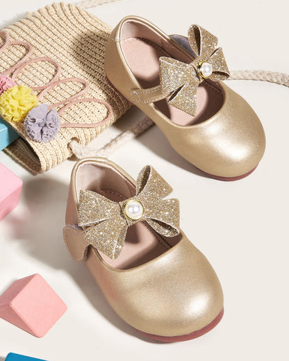 NINO BELLO Gold Glittery Pearl Bow Velcro Bellies For Infants