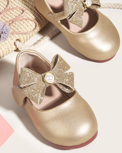 NINO BELLO Gold Glittery Pearl Bow Velcro Bellies For Infants