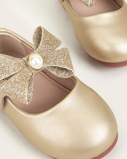 NINO BELLO Gold Glittery Pearl Bow Velcro Bellies For Infants