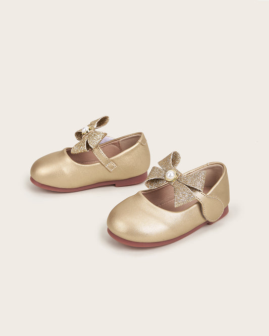 NINO BELLO Gold Glittery Pearl Bow Velcro Bellies For Infants